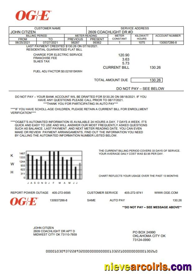 USA Oklahoma OGE Energy utility bill